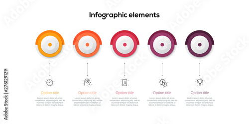 Business process chart infographics with 5 step circles. Circular corporate workflow graphic elements. Company flowchart presentation slide template. Vector info graphic design.