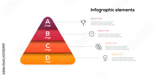 Business pyramid chart infographics with 4 steps. Pyramidal stages graph elements. Company hiararchy levels presentation template. Vector info graphic design.