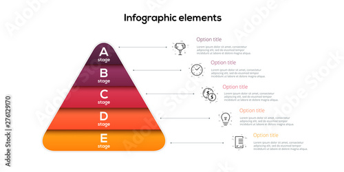 Business pyramid chart infographics with 5 steps. Pyramidal stages graph elements. Company hiararchy levels presentation template. Vector info graphic design.
