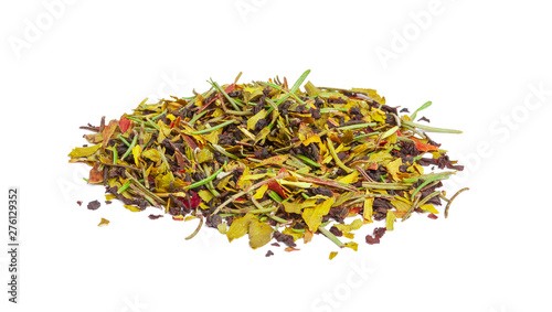 closeup of natural herbal tea made of various loose dried herbs isolated on white