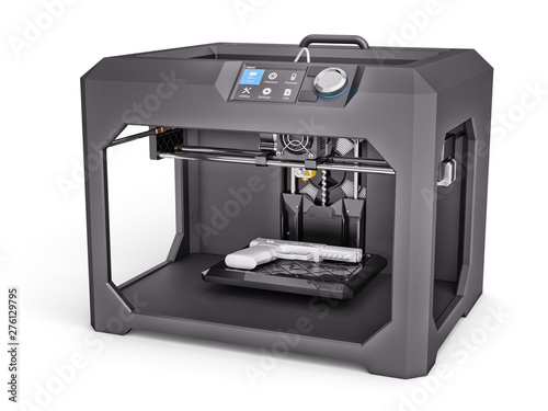Objects creation and printing technology concept, plastic firearms weapon printed on 3d printer, isolated on white