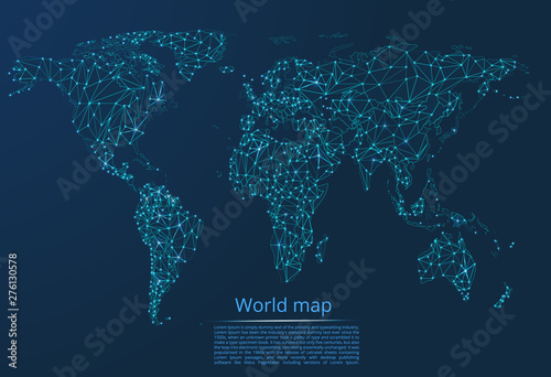 World network map. Vector low-poly image of a global map with lights in the form of cities or population density, consisting of points and shapes in the form of stars and space.