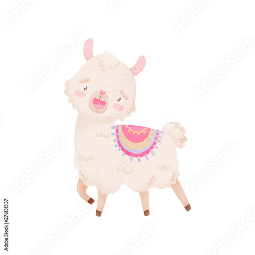 Cute cartoon llama with a cape on his back. Vector illustration on white background.