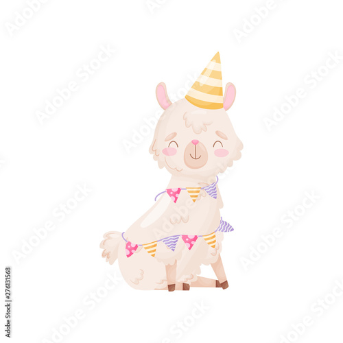 Cute cartoon llama in a cap cone on the head. Vector illustration on white background.