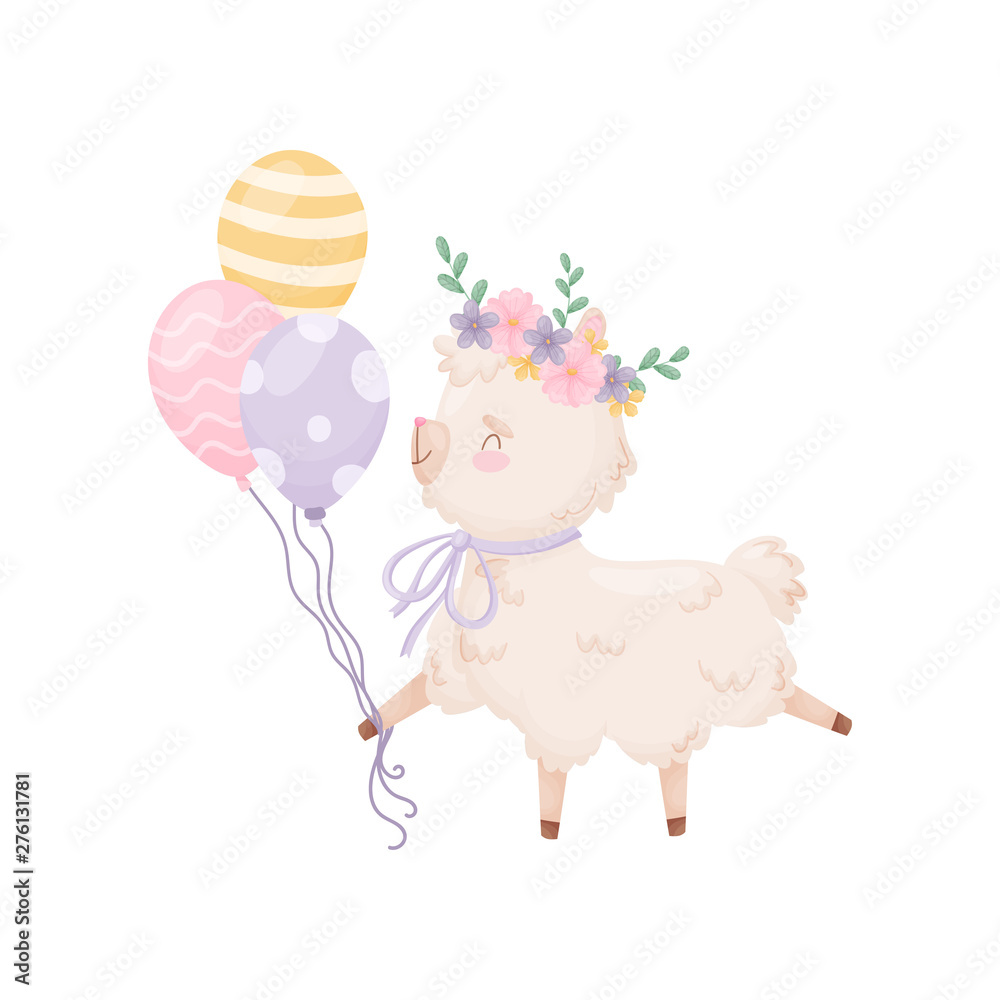 Cute cartoon llama carries balloons. Vector illustration on white background.