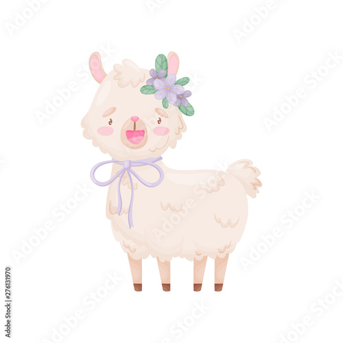 Cute cartoon llama with a bow at the neck stands. Vector illustration on white background.