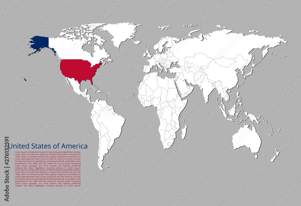Map of the United States of America highlighted in blue and red colors on the world map Map of the United States of America highlighted in blue and red colors on the world map