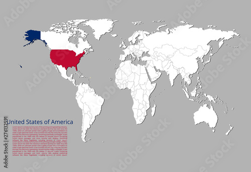 Fototapeta Naklejka Na Ścianę i Meble -  Map of the United States of America highlighted in blue and red colors on the world map