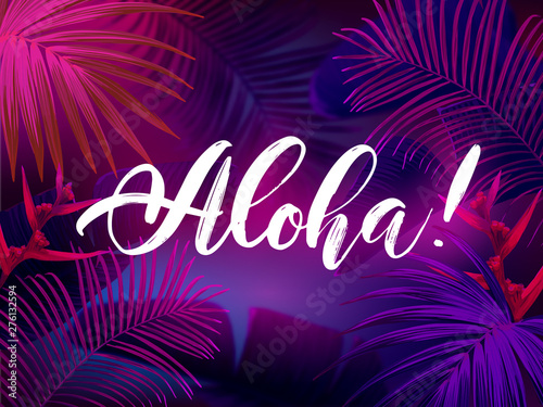 Dark blue and violet tropical party design with palm leaves and neon letters. Summer night vector illustration.