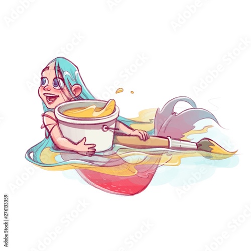 Mermaid girl artist swimming with paint bucket and brush illustration (ID: 276133359)
