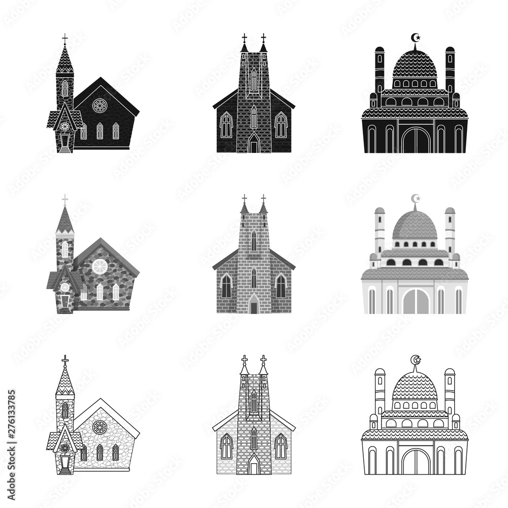 Isolated object of cult and temple logo. Set of cult and parish stock vector illustration.