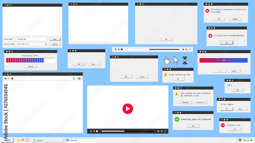 Modern material design user interface windows. Web browser, video and audio player, error message and system dialog box