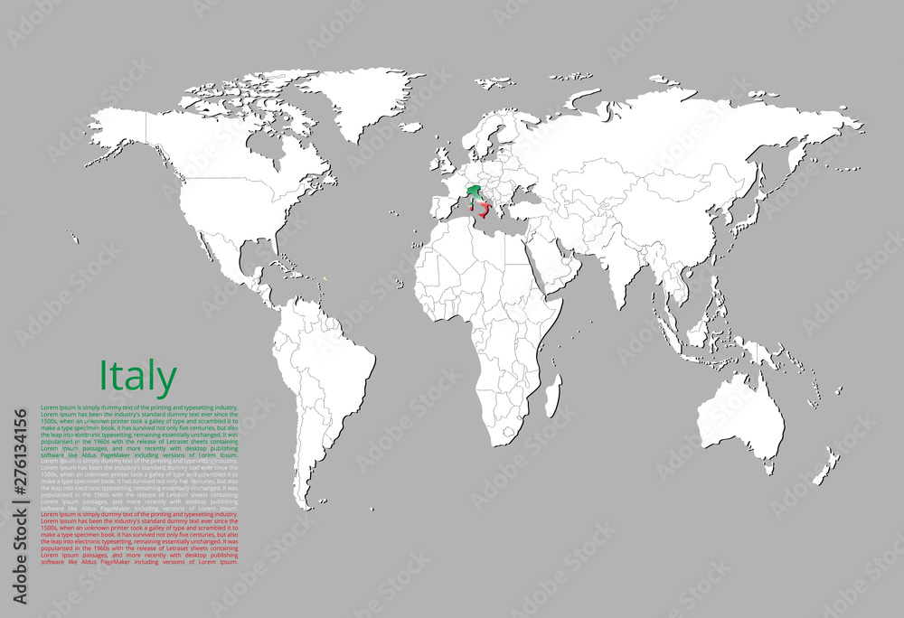Map of Italy highlighted in green, white, red color on the world map