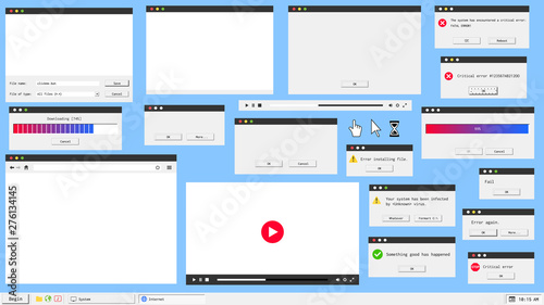 Modern material design user interface windows. Web browser, video and audio player, error message and system dialog box