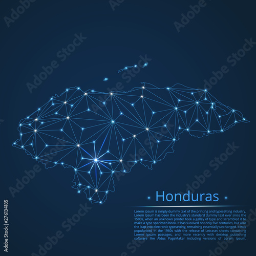 Map of Honduras connection. Vector low-poly image of a global map with lights in the form of cities or population density, consisting of points and shapes in the form of stars and space.