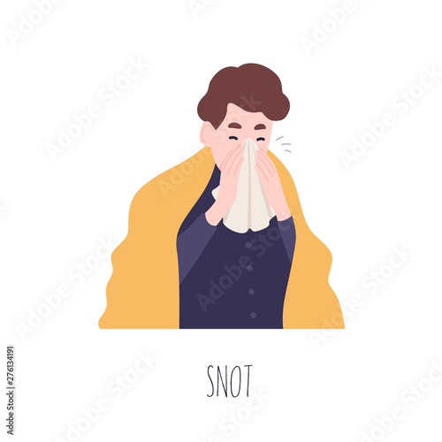 Funny boy blowing his nose or sneezing. Cute young man suffering from fever, rhinitis or coryza. Symptom of common cold, health problem, infectious disease. Flat cartoon colorful vector illustration.
