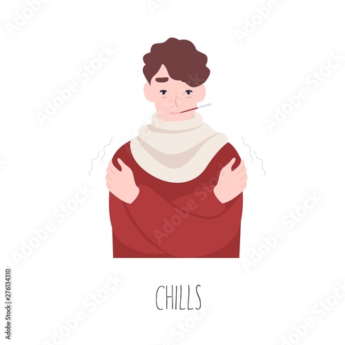 Sick boy feeling chills or shakes. Cute man suffering from fever, influenza. Sad guy measuring body temperature. Symptom of common cold, viral infectious disease. Flat cartoon vector illustration.
