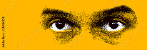 Looking eyes 8 bit dotted design style vector abstraction, human face stylized design element, black and yellow colors. photo