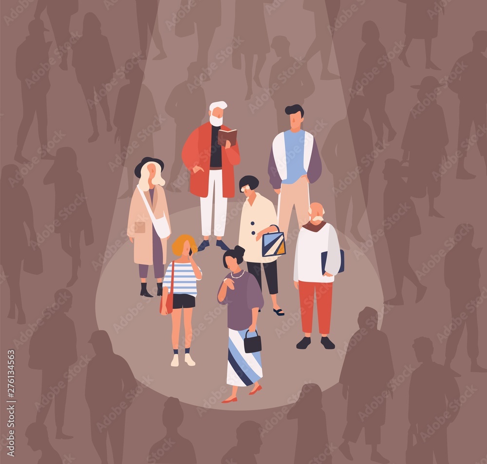 Men and women spotlighted or illuminated by beam of light against crowd of people on background. Concept of focus group, target audience, demography research. Flat cartoon vector illustration. - obrazy, fototapety, plakaty 