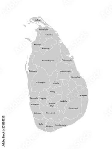 Vector isolated illustration of simplified administrative map of Sri Lanka. Borders and names of the provinces (regions). Grey silhouettes. White outline