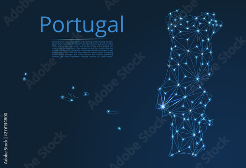 Map of Portugal connection. Vector low-poly image of a global map with lights in the form of cities or population density, consisting of points and shapes in the form of stars and space.