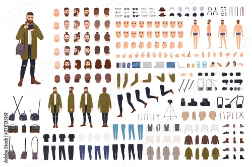 Man photographer or photo journalist creation kit or animation set. Bundle of body parts, clothes, accessories. Male cartoon character. Front, side, back views. Flat colorful vector illustration.