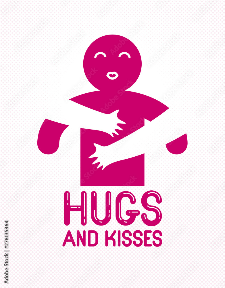 Hugs and kisses with loving hands of loved person and kissing lips, lover woman hugging his man and shares love, vector icon logo or illustration in simplistic symbolic style. Hugs and kisses with loving hands of loved person and kissing lips, lover woman hugging his man and shares love, vector icon logo or illustration in simplistic symbolic style.