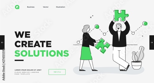 Presentation slide template or landing page website design. Business concept illustrations. Modern flat outline style. Research innovations and solutions