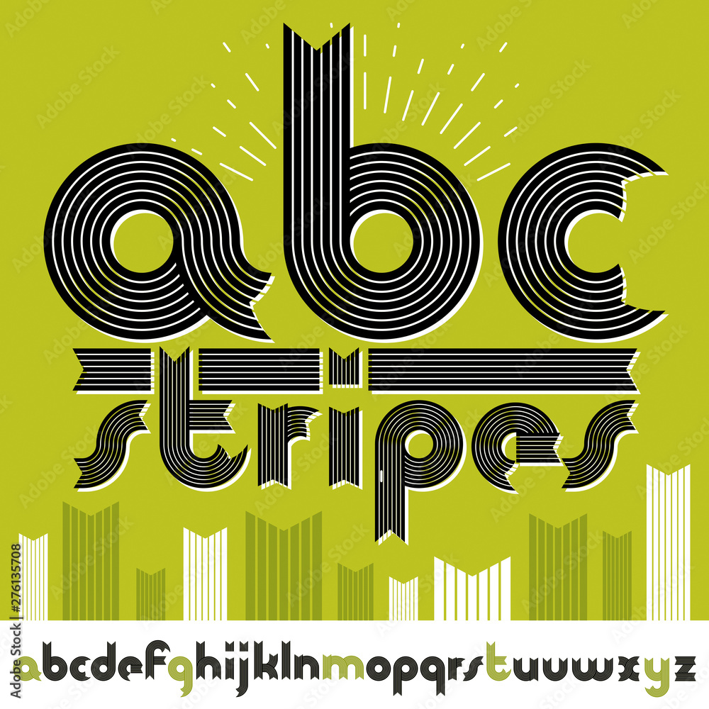 Obraz premium Set of ornate vector lowercase English alphabet letters isolated. Trendy bold font, script from a to z can be used in poster creation. Created using geometric stripes.