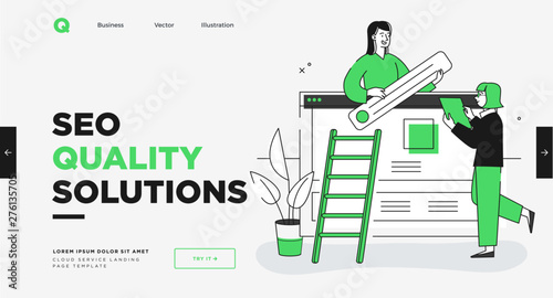 Presentation slide template or landing page website design. Business concept illustrations. Modern flat outline style. Quality SEO service