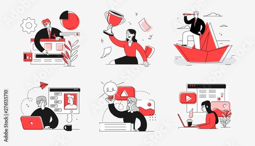 Collection of scenes at office. Bundle of men and women taking part in business meeting, negotiation, brainstorming, talking to each other. Outline vector illustration in cartoon style.