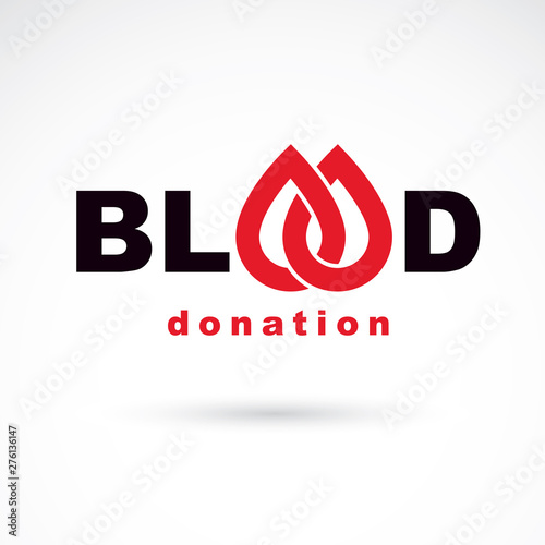 Blood donor inscription isolated on white. Vector red blood drops. Save life and donate blood. Medical care emblem.