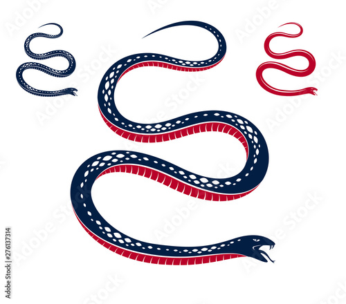 Venomous snake vintage tattoo, vector drawing of aggressive predator reptile, deadly poisoned serpent symbol, vintage style illustration.