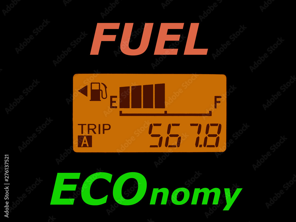 Fuel economy: fuel gauge and odometer showing a minimal fuel consumption. Fuel economy and ecology concept.
