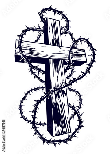 Christian cross with blackthorn thorn vector religion logo or tattoo, passion of the Christ.