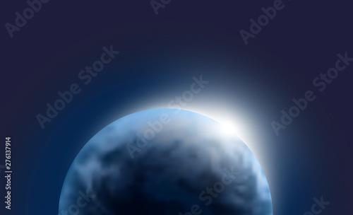 Vector planet Earth with sunrise in dark space. Blue globe background illustration. Sciense astronomy wallpaper