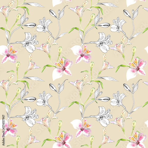 Seamless floral pattern. Pattern with watercolor and ink graphics flowers on beige background. Alstroemeria. Seamless pattern with hand drawn plants. Herbal Botanical illustration.