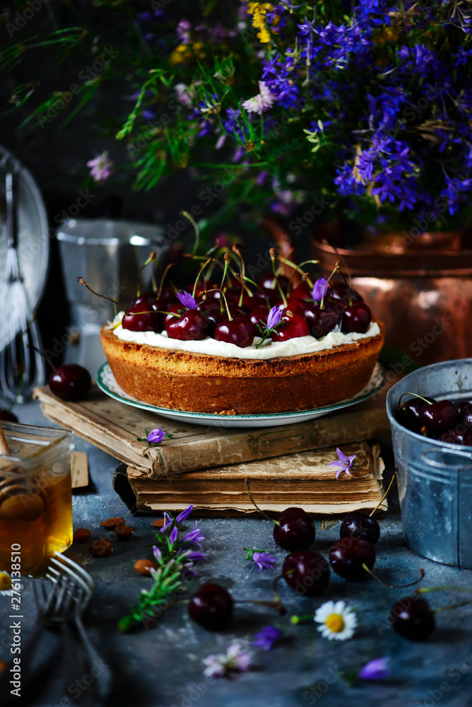 cream cheese frosting cherry cake. natural light cream cheese frosting cherry cake. natural light