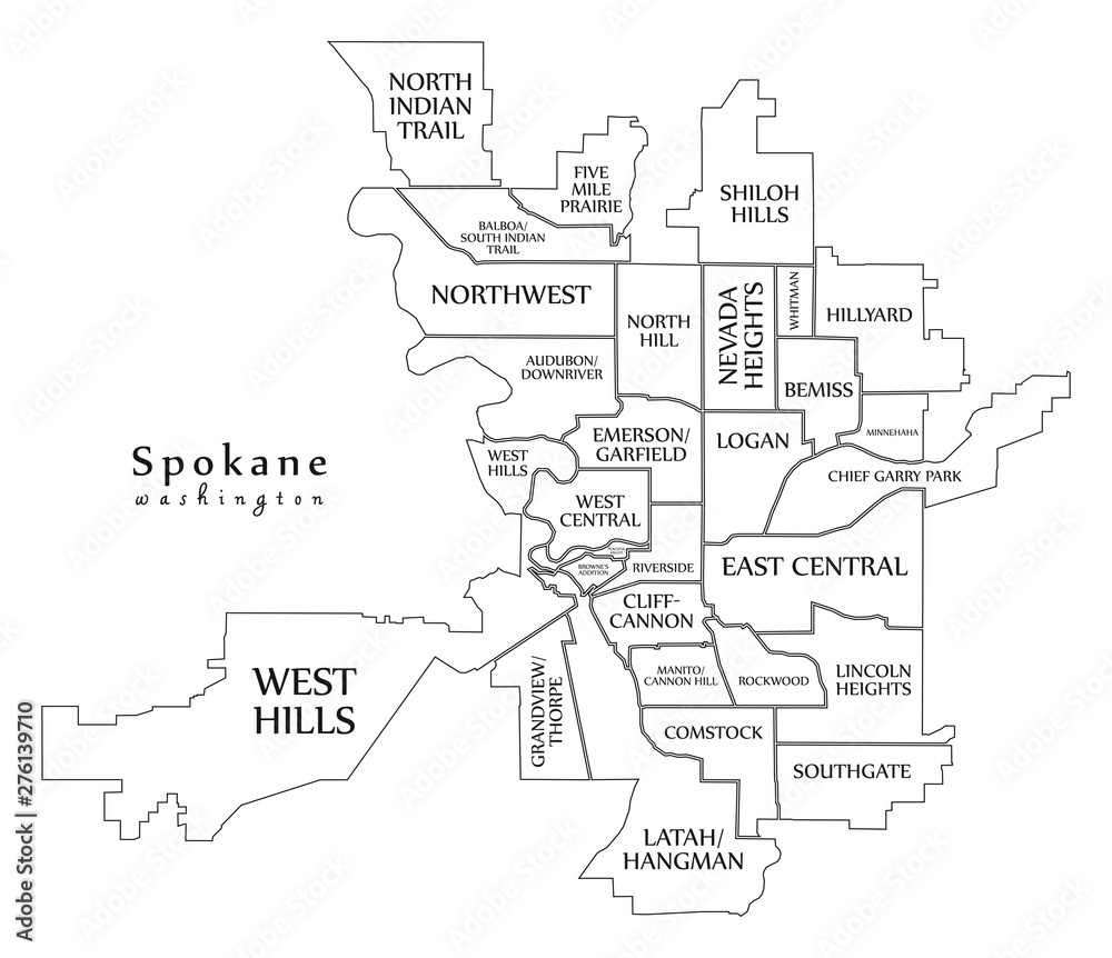 Modern City Map - Spokane Washington city of the USA with neighborhoods and titles outline map
