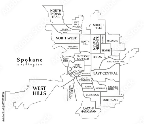 Modern City Map - Spokane Washington city of the USA with neighborhoods and titles outline map © Ingo Menhard