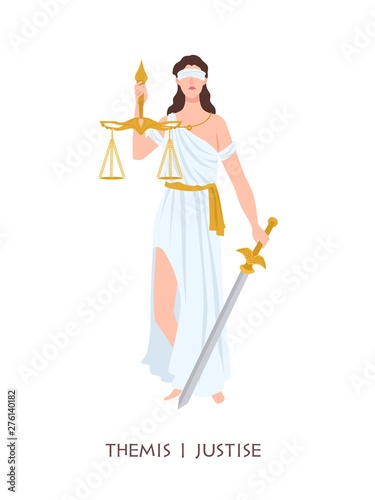 Themis or Justice - goddess of order, fairness, law from ancient Hellenic myths. Greek and Roman legendary female character with blindfold, sword, balance scales. Flat cartoon vector illustration.