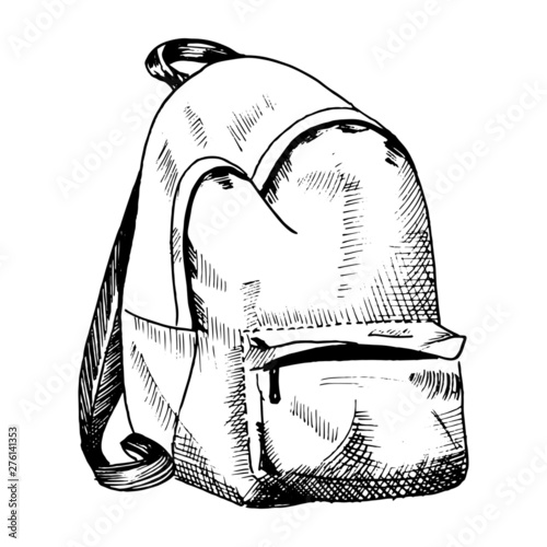 Backpack sketch. Hand drawn rucksack, sketch style vector illustration. Single, isolated on white background.