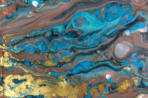 Blue and gold marbling pattern. Golden powder marble liquid texture. © anya babii