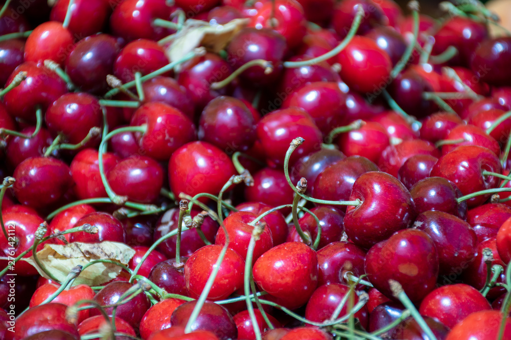 Fresh cherries in a farmer agricultural open air market, seasonal healthy food. Concept of biological, bio products, bio ecology, grown by yourself, vegetarians Fresh cherries in a farmer agricultural open air market, seasonal healthy food. Concept of biological, bio products, bio ecology, grown by yourself, vegetarians