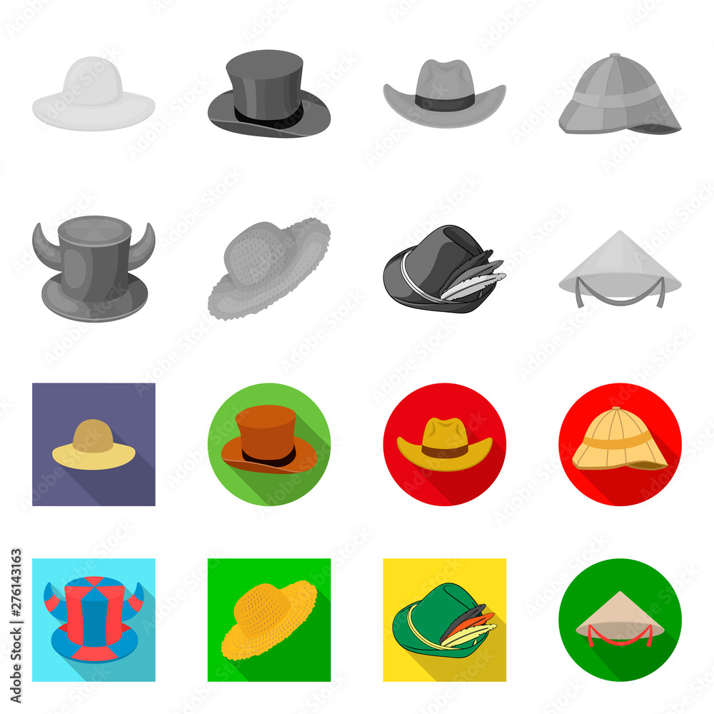 Vector illustration of hat and cap icon. Collection of hat and model stock symbol for web.