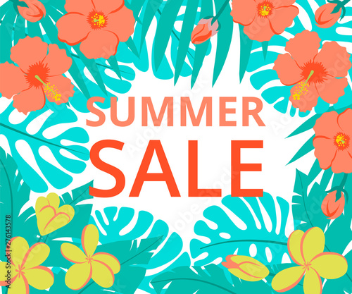 Summer sale banner with palm leaves and tropical flowers