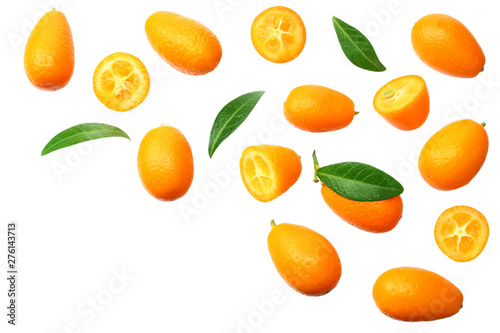 Cumquat or kumquat with leaves isolated on white background. top view