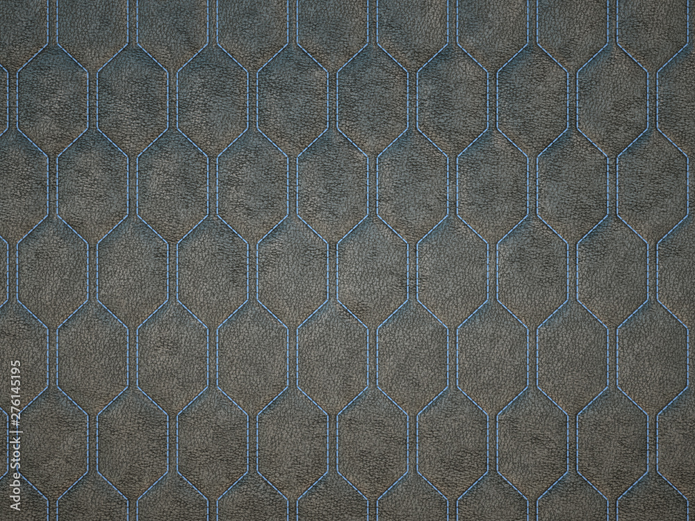 Leather stitched with blue hexagon or honecomb grey texture Leather stitched with blue hexagon or honecomb grey texture
