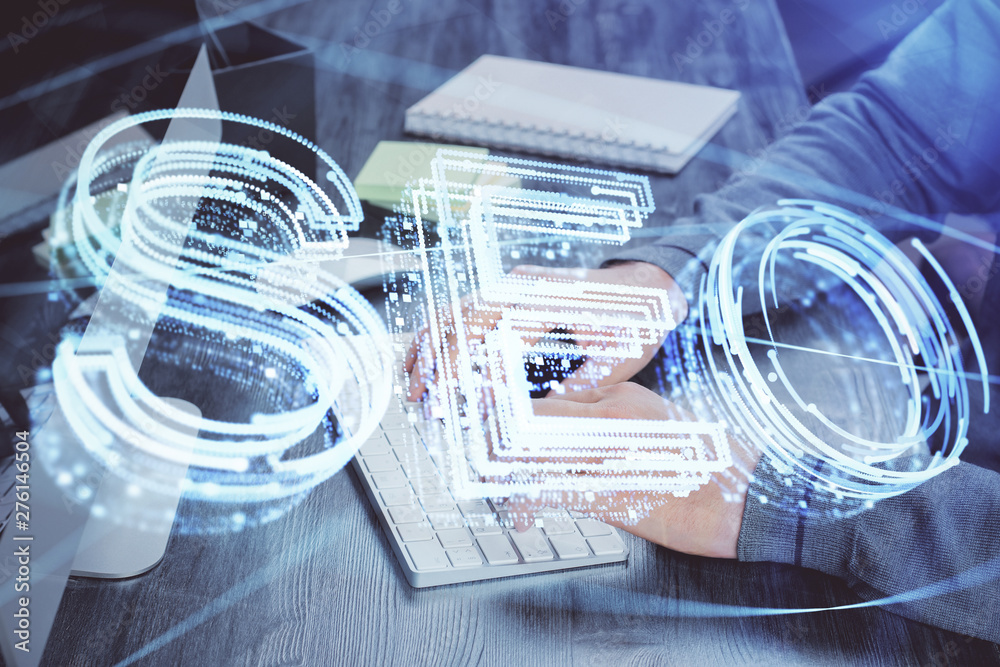 Multi exposure of seo icon with man working on computer on background. Concept of search engine optimization. Multi exposure of seo icon with man working on computer on background. Concept of search engine optimization.