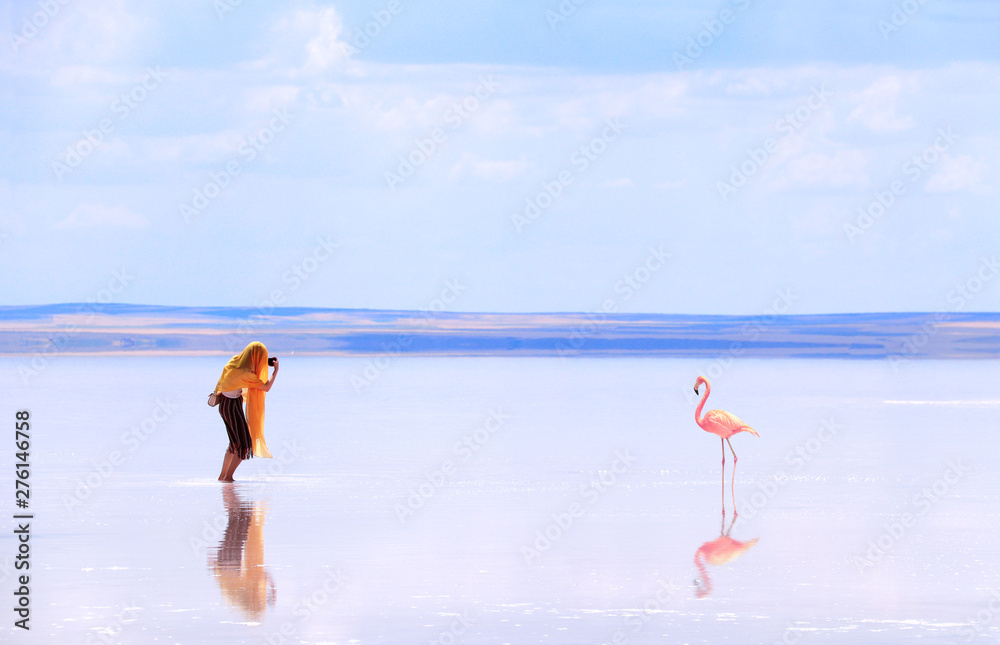 Girl taking pictures of flamingo in a salt lake Tuz Golu, Turkey Stock  Photo | Adobe Stock